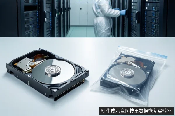 洁净室背景中,一名穿无尘服的技术人员正在操作服务器机柜。前景白色桌面上,左侧平放一块打开外壳的机械硬盘,右侧透明防静电袋内装有一块打开外壳的机械硬盘。