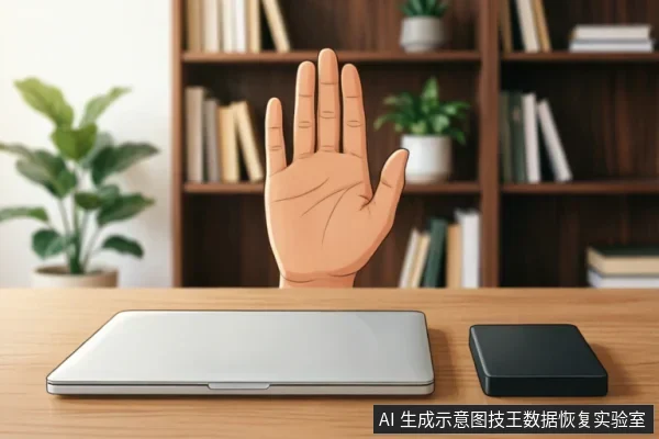 木质办公桌上放置着一台闭合的银色笔记本电脑和一个黑色移动硬盘。一只巨大的卡通手掌从桌面后方伸出,掌心朝前做出“停止”手势,示意暂停或禁止操作。背景为模糊的书架和绿植,无屏幕文字显示。