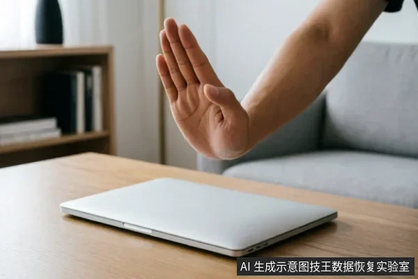 一只手掌在闭合的笔记本电脑前做出明确的停止手势，示意拒绝或暂停操作。背景为居家办公环境，画面直观传达了在面对设备故障时应立即停止通电、避免盲目尝试修复的核心警示信息。