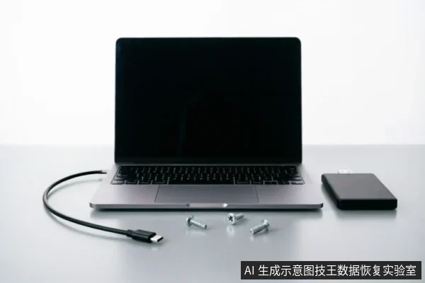 白色桌面上放置一台打开的银灰色笔记本电脑，左侧连接着一根黑色USB-C数据线，右侧放有一个黑色移动硬盘。电脑前方散落着三颗银色螺丝钉，整体呈现数码设备维修或数据恢复的工作台场景。