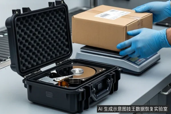 灰色工作台上,左侧黑色防震箱内放置一块打开外壳的机械硬盘,右侧戴蓝色手套的双手正将一个纸箱放在电子秤上。