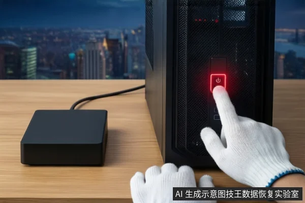 木质桌面上,右侧竖立一台黑色塔式主机,电源按钮亮红灯。前景一只戴白手套的手正按压该按钮。左侧平放一个黑色外接硬盘盒,连接着黑色线缆。背景为模糊的城市夜景。