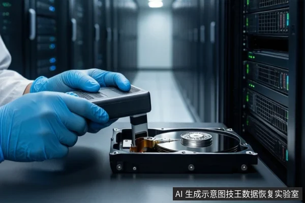 服务器机房内,一双戴蓝色手套的手持黑色工具,正在对一块打开外壳的机械硬盘进行磁头组件操作。