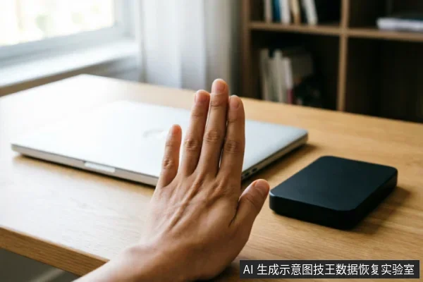 一只手掌在木质桌面上做出停止手势,位于闭合的银色笔记本电脑与黑色移动硬盘之间。画面直观传达出禁止操作、立即断电及保护原始介质的警示含义,契合数据恢复场景中防止二次损坏的核心原则。