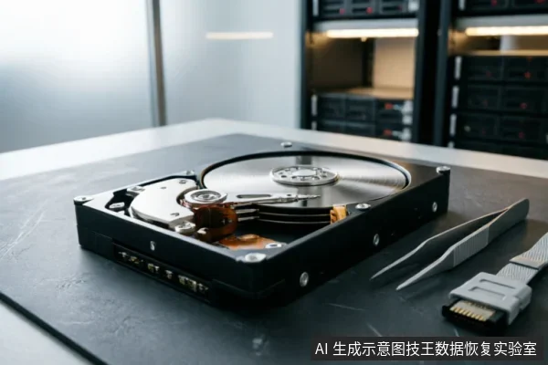 一块打开顶盖的机械硬盘置于深色工作台上,内部磁盘与磁头组件清晰可见。旁边摆放着防静电镊子和SATA数据线,背景为模糊的服务器机柜,呈现出专业硬件检测或数据恢复的操作场景。