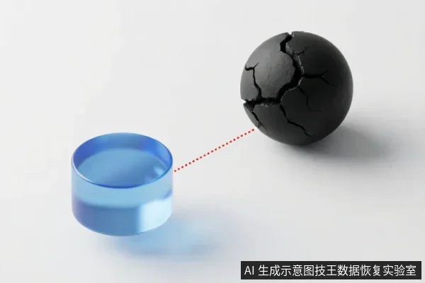 画面展示了一个盛有蓝色液体的透明圆柱体容器,通过一条红色虚线连接至右侧一个表面布满裂纹的黑色球体。背景为纯白,无其他设备或文字,象征数据介质损坏与备份恢复之间的关联。
