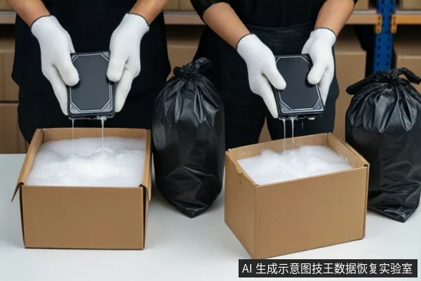 仓库环境中,白色桌面上并排摆放两个装有白色泡沫的纸箱和两个黑色防静电袋。两名戴白色手套的人员正分别握持黑色硬盘,悬停在纸箱上方。