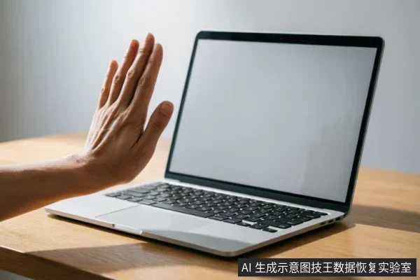一只手掌在笔记本电脑屏幕前做出明显的停止手势，示意拒绝操作或紧急制动。电脑放置在木质桌面上，屏幕呈空白状态，直观地传达了面对设备异常时应立即切断干预、保持现状的警示信息。