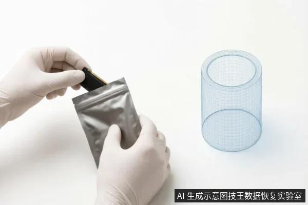 戴着白色防护手套的双手正将一块M.2 NVMe固态硬盘放入银色防静电屏蔽袋中,右侧展示了一个蓝色的圆柱形网格示意图,象征洁净室环境或专业存储容器。