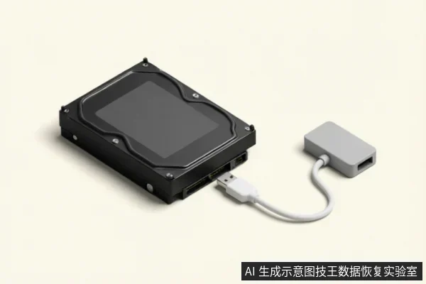 画面展示了一块黑色的机械硬盘通过白色USB数据线连接至一个灰色的转接盒,构成外接存储的连接状态。背景简洁,无其他干扰物体,清晰呈现了硬盘与外部接口设备的物理连接方式。