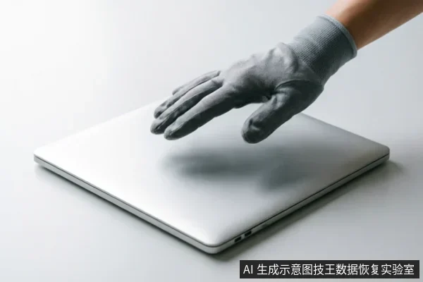一只戴着灰色防静电手套的手悬停在一台闭合的银色笔记本电脑上方，示意在数据恢复初期应停止操作、避免触碰设备以保护原始介质，防止造成二次损坏。