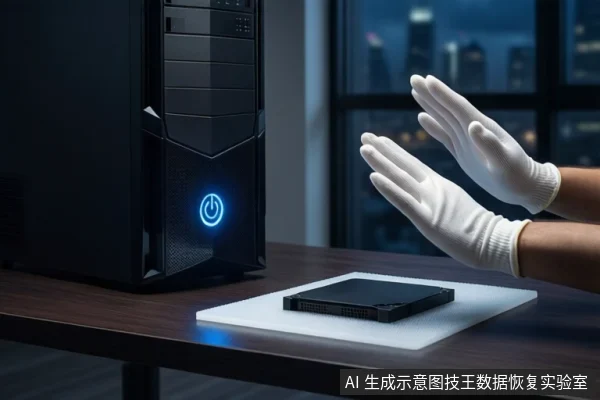 木质桌面上,戴白手套的双手悬停在白色垫子上方,垫子上平放一块黑色固态硬盘。左侧竖立一台亮着蓝色电源按钮的黑色塔式主机,背景为模糊的城市夜景。
