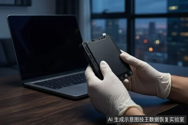 木质桌面上,戴白手套的双手正持握一块黑色移动硬盘,左侧放置一台屏幕关闭的笔记本电脑,背景为模糊的城市夜景。