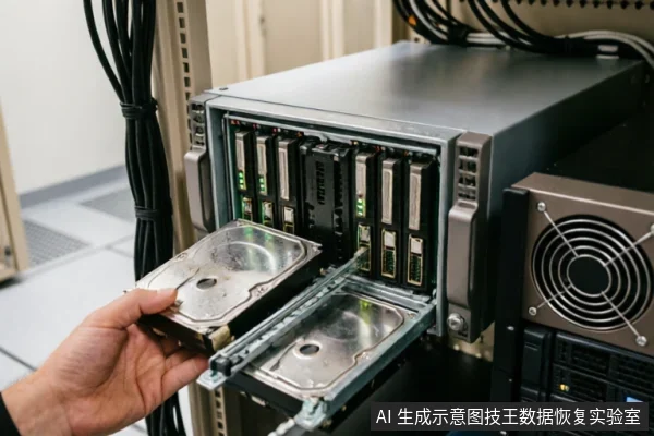 一只手掌正从机架式服务器的硬盘托架中取出一块机械硬盘,背景可见密集的服务器插槽与线缆。画面展示了专业数据中心环境下的硬件物理操作场景。