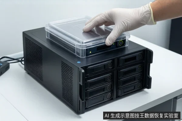 白色桌面上放置一台黑色多盘位存储设备，一只戴白色手套的手正将一个透明防震箱放在设备顶部。