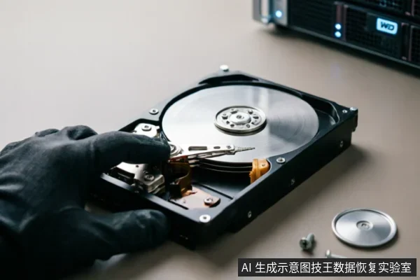 一只戴着黑色防静电手套的手正在检查已打开外壳的机械硬盘,磁头臂与磁盘盘片清晰可见。桌面上散落着拆下的螺丝和金属盖板,背景模糊处有一台带有WD标识的服务器设备。