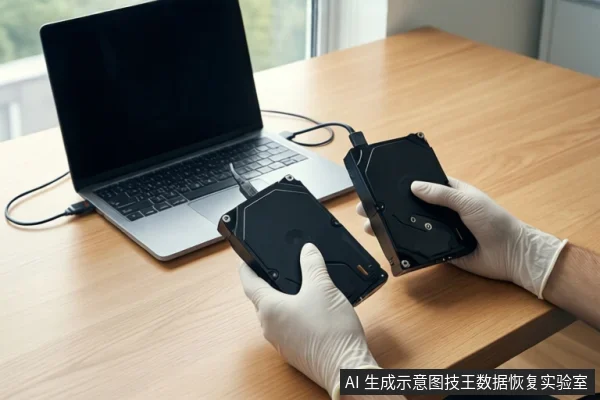 木质桌面上放置一台黑屏笔记本电脑,前景一双戴白色手套的手正握持两块裸露的黑色机械硬盘,其中一块硬盘通过黑色线缆连接至电脑。背景为模糊的窗户。