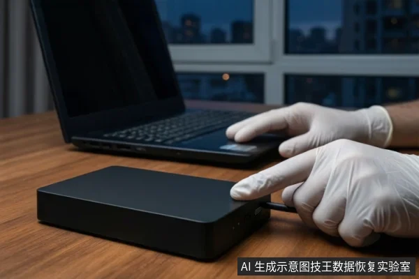 木质桌面上,左侧有一台打开的黑色笔记本电脑,中间平放一个黑色方形移动硬盘,前端连接着一根黑色线缆。右侧一双戴白手套的手正握持一个黑色防静电袋。背景是模糊的城市夜景窗户。