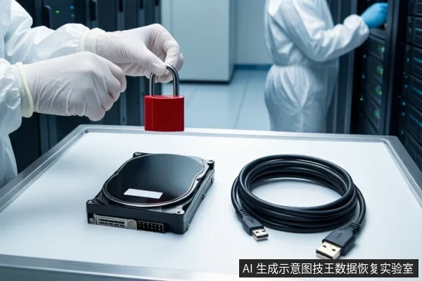 洁净室白色桌面上,左侧平放一块闭合的黑色机械硬盘,右侧盘绕着一根黑色USB数据线。前景一双戴白手套的手持红色挂锁悬停在桌面上方。背景中一名穿无尘服的技术人员站在服务器机柜旁。