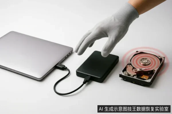 画面展示了一只戴灰色防静电手套的手悬停在连接笔记本电脑的黑色移动硬盘上方,右侧放置一个打开外壳且盘片带有红色震动波纹的机械硬盘,示意硬件故障或数据恢复场景。
