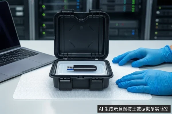 白色防静电垫上,中间打开的黑色防震箱内放置一个黑色U盘,左侧有一台打开的银色笔记本电脑,右侧一双戴蓝色手套的手平放,背景为模糊的服务器机柜。