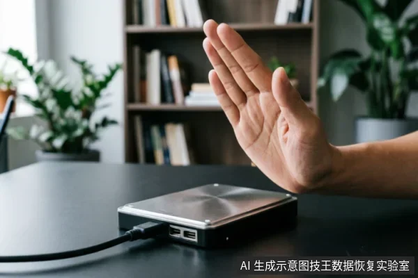 一只手掌在连接着线缆的外接硬盘前做出明确的停止手势,示意立即中断操作。背景为模糊的书架与绿植,主体清晰聚焦于拒绝交互的动作与存储设备,传达出紧急制动与保护原始介质的含义。