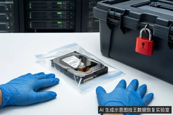 白色桌面上,前景一双戴蓝色手套的手平放。中间平放一块装在透明防静电袋中的机械硬盘,右侧为一个挂有红色挂锁的黑色防震箱。背景为模糊的服务器机柜。