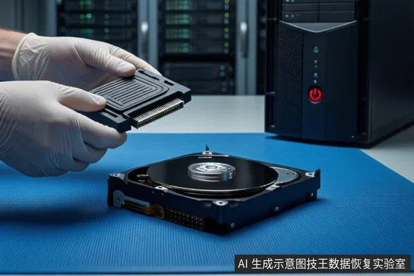 蓝色防静电垫上平放一块打开外壳的机械硬盘,一双戴白手套的手正握持一块黑色固态硬盘悬停在上方,背景为服务器机柜和一台亮着红色电源按钮的黑色台式主机。
