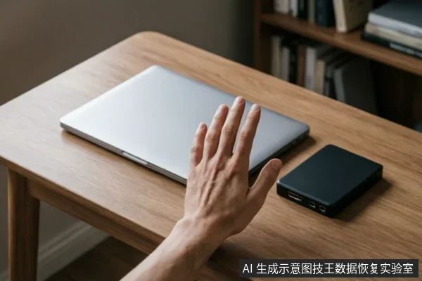一只悬停在闭合笔记本电脑上方的手,旁边放置着一个黑色的外接移动硬盘盒。画面展示了桌面办公环境下的数据存储设备与操作姿态,未显示具体品牌型号或屏幕文字。
