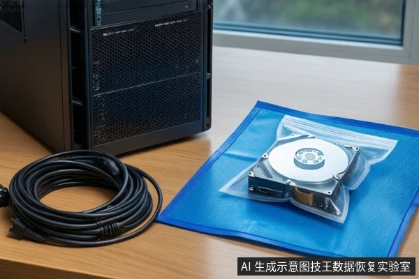 木质桌面上,左侧竖立一台黑色塔式主机,中间盘绕一根黑色线缆,右侧蓝色防静电垫上放着一个透明防静电袋,袋内装有一块机械硬盘。背景为模糊的窗户。