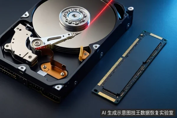 深色桌面上左侧平放一块打开外壳的机械硬盘,盘片上方有红色光效;右侧斜放一块M.2固态硬盘,可见金手指和黑色芯片。