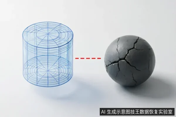 画面左侧为一个蓝色线框圆柱体，象征理想化的数字数据模型；右侧为一个表面布满裂纹的深灰色球体，象征受损或故障的物理存储介质。两者之间由一条红色虚线连接，直观展示了原始硬件介质的物理损坏状态与内部逻辑数据之间的关联及风险。
