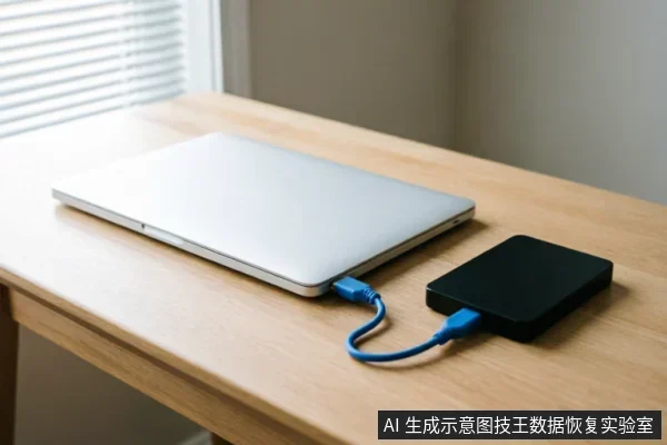 一台闭合的银色笔记本电脑放置在浅色木纹桌面上，通过一根蓝色USB数据线连接着右侧的一个黑色移动硬盘。