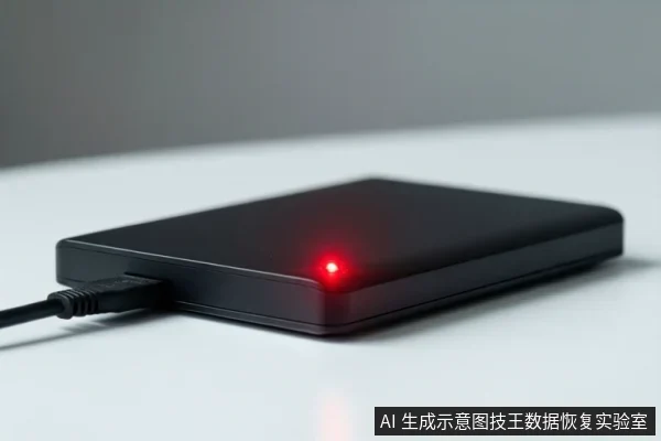 白色桌面上平放一个黑色移动硬盘,左侧连接黑色数据线,正面亮着红色指示灯,背景为模糊的灰色墙面。
