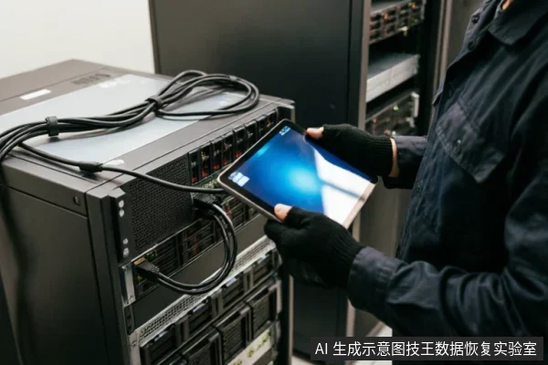 A technician wearing black gloves uses a tablet to inspect a server rack in a data center, illustrating professional hardware assessment.