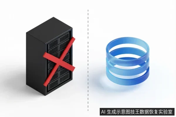 左侧是一个被红色大叉覆盖的黑色服务器机箱,象征硬件故障或禁止通电;右侧是蓝色的数据库圆柱体图标,代表逻辑数据。中间以虚线分隔,直观展示了硬件物理故障与软件数据恢复之间的界限。