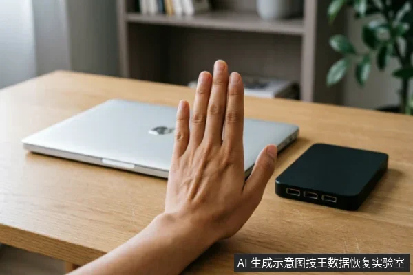 一只手掌在闭合的笔记本电脑和黑色移动硬盘前做出停止手势，示意立即断电或停止操作。背景为木质桌面及书架，画面清晰展示了数据恢复场景中禁止继续通电与写入的典型动作。