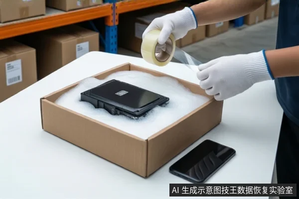 仓库环境中,白色桌面上放置一个装有白色泡沫的纸箱,泡沫中固定着一块黑色固态硬盘。一双戴白色手套的手正持一卷透明胶带,准备封箱。右侧放置一部黑屏智能手机,背景可见货架和纸箱。