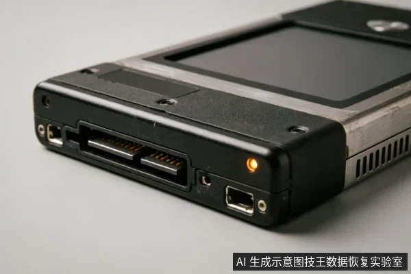 一张黑色便携式存储设备或旧式数码产品的侧面特写。画面清晰展示了底部的多针脚扩展接口、USB端口及一个亮起的橙色状态指示灯，设备表面有轻微磨损痕迹，背景为纯净的灰白色。