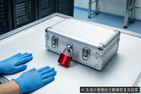 白色防静电工作台上，中间放着一个闭合的银色金属防震箱，箱前挂着一把红色挂锁。左侧有一双戴蓝色手套的手平放在桌面上，背景为服务器机柜。