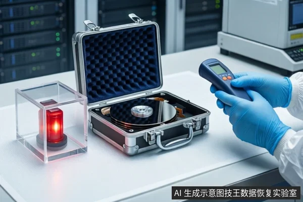 白色桌面上，戴蓝色手套的双手正持握一个黑色手持检测仪，对准打开的银色防震箱内的裸露机械硬盘。左侧透明盒内有一个红色发光装置，背景为模糊的服务器机柜。