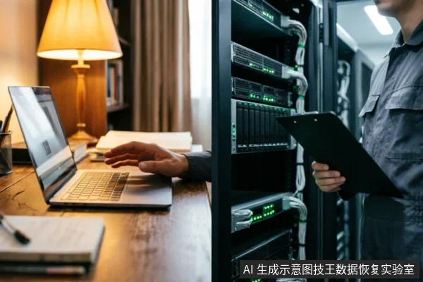 画面左侧为办公环境,一人正在使用笔记本电脑;右侧为机房环境,一名身穿工装的技术人员手持写字板站在亮着绿灯的服务器机柜旁。图片通过对比展示了个人电脑操作与专业硬件维护的场景氛围。