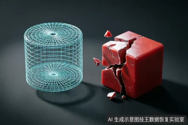 画面左侧为一个青色线框圆柱体,右侧为一个正在碎裂崩解的红色实心立方体。两者并置于深色背景上,通过几何形态的对比,抽象地表现了数据结构的脆弱性与物理介质的损坏状态。