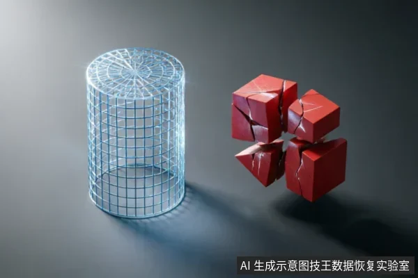 画面左侧为一个发光的蓝色线框圆柱体,象征数字存储介质或数据容器;右侧悬浮着几个破碎裂开的红色立方体,象征受损的文件结构或丢失的数据完整性。两者形成鲜明对比,直观展示了数据存在但内容损坏的状态。