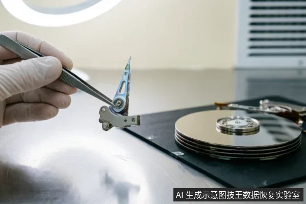 戴着白色手套的技术人员使用镊子夹持机械硬盘的磁头臂组件,背景为叠放的磁盘盘片。画面展示了专业实验室环境下的硬盘内部结构检查与拆解操作。