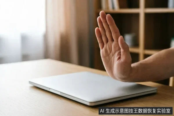 一只手掌心向外伸出,做出明确的停止手势,挡在一台闭合的银色笔记本电脑前。背景为模糊的室内环境,象征在设备故障时立即停止操作、切断电源以保护数据的紧急止损行为。