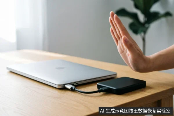 一只手掌做出停止的手势,挡在连接着移动硬盘的笔记本电脑前。画面展示了用户在使用电脑时遇到存储设备故障,立即切断操作并阻止进一步通电或读取的场景,强调数据恢复前的安全止损。