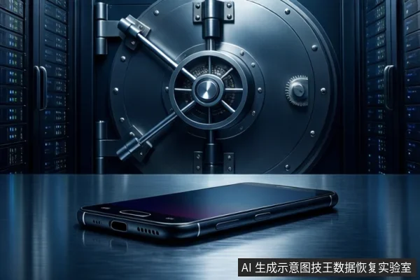 深色反光桌面上平放一部黑色智能手机,背景为大型金属保险库门和两侧服务器机柜,右下角有固定标识。