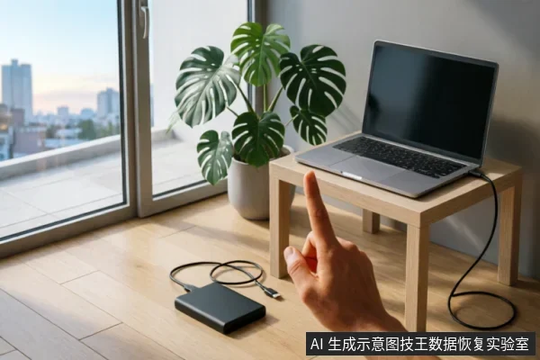 画面展示了一个靠近落地窗的桌面环境,一台笔记本电脑放置在木桌上,通过数据线连接着地板上的移动硬盘。一只手伸出食指指向地上的硬盘,示意检查外部连接状态或排查连接故障。