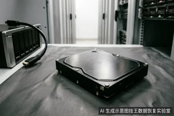 一块黑色机械硬盘放置在防静电垫上，左侧连接着数据线的多盘位存储设备，背景为模糊的服务器机柜。画面展示了专业数据恢复环境中的硬件检测场景，强调对物理介质的评估。